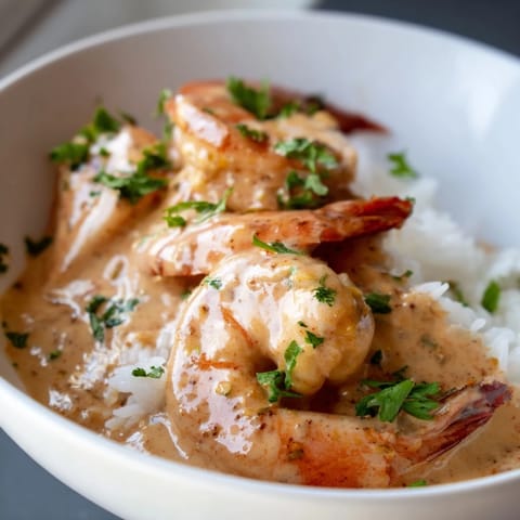 A close-up of Creamy Cajun Shrimp Rice Bowl with plump shrimp, diced red bell pepper, and fresh parsley garnish on a bed of aromatic rice.  