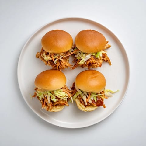 A party platter of mini BBQ chicken sliders topped with crunchy tangy slaw and glistening barbecue sauce.  
