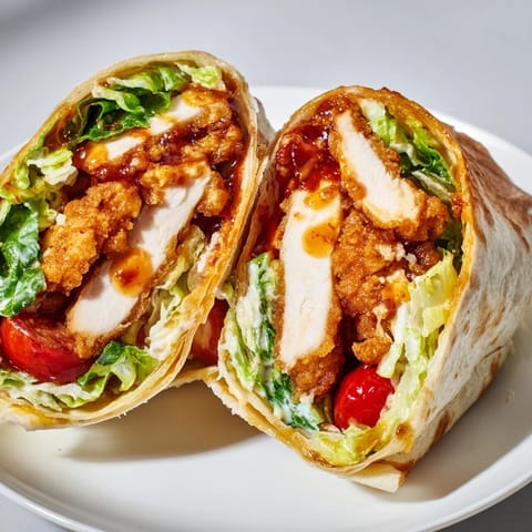 Crispy golden chicken strips glistening with hot honey sauce nestled in a warm flour tortilla with Caesar salad.  