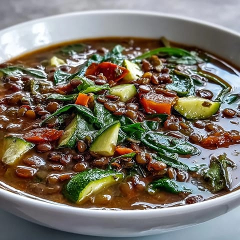 A steaming bowl of Lentil and Vegetable Soup with vibrant carrots, celery, and spinach, garnished with fresh parsley and a lemon wedge.