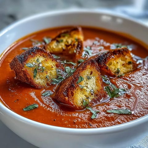 A vibrant bowl of roasted tomato soup with crispy homemade croutons ready for serving.