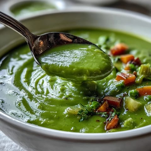 Steaming bowl of creamy Split Pea Soup garnished with fresh thyme and a drizzle of olive oil.  