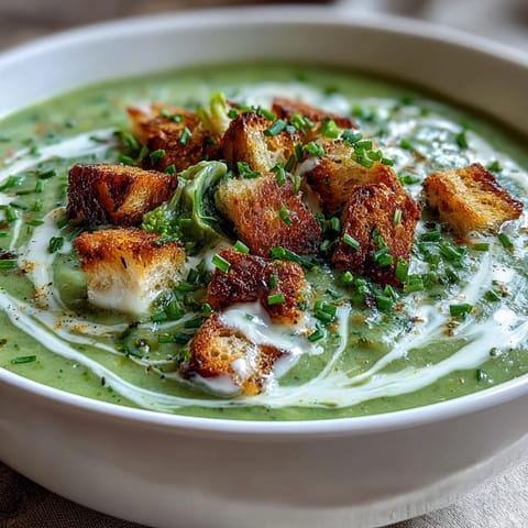 A close-up of creamy broccoli soup garnished with fresh chives and crunchy croutons.