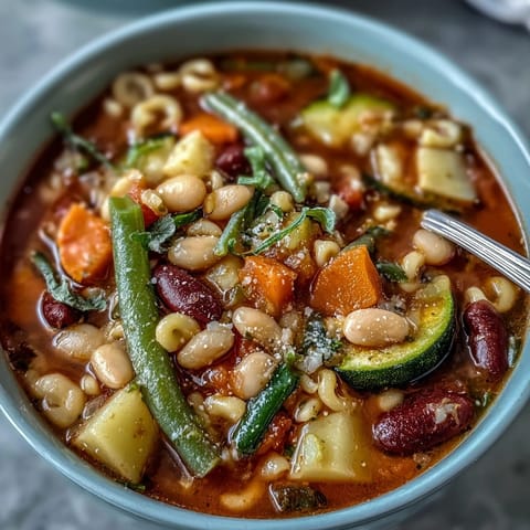 A steaming bowl of homemade Minestrone Vegetable Soup with colorful vegetables, beans, and pasta in a rustic Italian setting.  