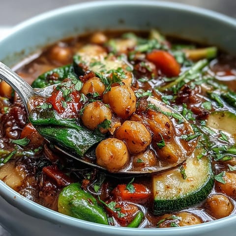 Serving bowl of Mediterranean Chickpea Stew topped with fresh parsley and a lemon wedge, set beside rustic bread for dipping.
