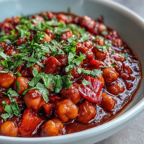 Spoon dipping into a rich, tomato-based Spicy Chickpea Stew, highlighting the tender chickpeas and diced red bell pepper.