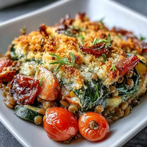 Freshly baked Green Lentil and Vegetable Casserole featuring colorful carrots, bell peppers, and spinach.