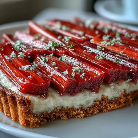Vivid close-up of the Rhubarb, White Chocolate, and Elderflower Tart showcasing glossy roasted rhubarb spears and a dusting of powdered sugar.