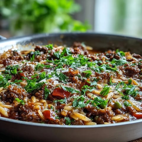Ground beef, sweet peppers, and orzo simmer in tomato broth for this easy Comforting Ground Beef Orzo Dinner.