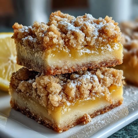 Freshly baked Homemade Lemon Crumb Bars reveal tangy lemon zest and crumbly oat topping on a rustic table.