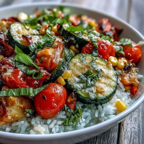 Forkful of tender cherry tomatoes and sweet corn nestled in a colorful Summer Vegetable Bowl beside torn fresh basil.  