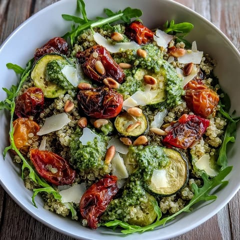 A vibrant Arugula Pesto Bowl topped with roasted cherry tomatoes and zucchini on a bed of fluffy quinoa.