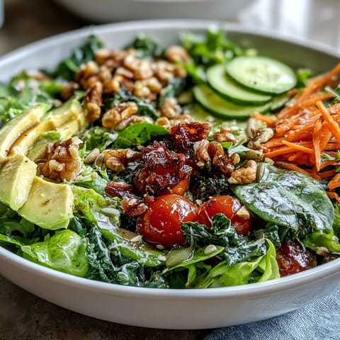 Vibrant Mixed Greens Power Bowl with fresh spinach, arugula, cherry tomatoes, avocado, and toasted walnuts on a rustic table.
