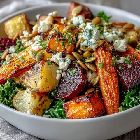 Rustic, easy winter root vegetable bowl with tender roasted produce and crunchy seeds.