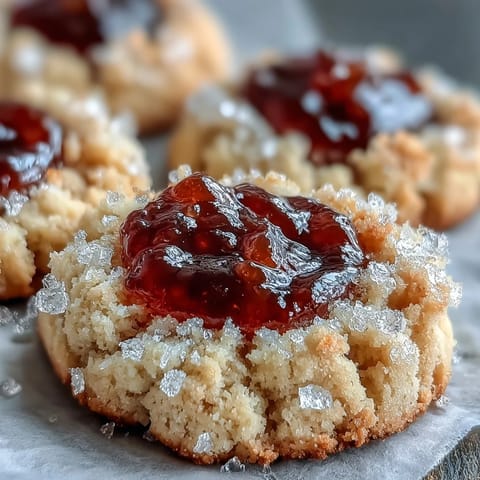 Close-up view of Guava Jam Thumbprint Cookies showcasing the sweet-tart guava filling and crumbly cookie texture.