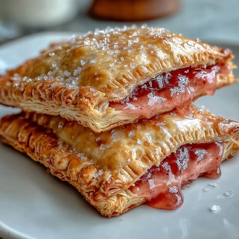 Golden-brown guava cheese pop tarts fresh from the oven, glistening with a glossy pink glaze on a rustic wooden board.