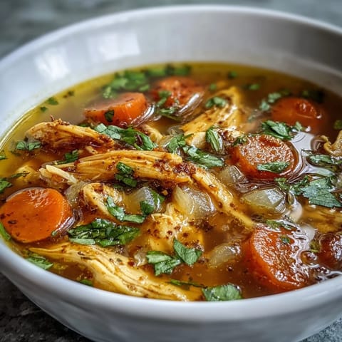 Hearty Anti-Inflammatory Turmeric Chicken Soup ladle serving with rice and turmeric golden broth.
