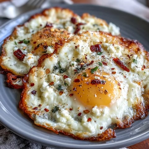 Golden crispy feta forms a savory base for two sunny-side-up eggs in this easy breakfast.