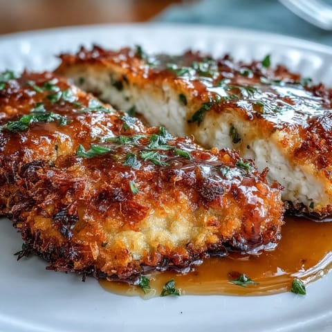 Four juicy Lemon Parmesan Crusted Chicken breasts plated, drizzled with silky lemon butter sauce.
