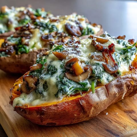 Golden-brown baked sweet potatoes, sliced open to reveal a creamy mushroom and spinach stuffed filling, topped with melted cheese.
