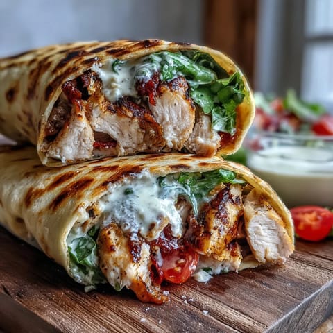Golden grilled chicken strips layered over creamy Caesar salad inside a soft, char-marked garlic naan wrap.