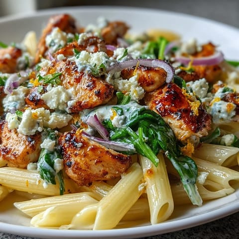 Greek Chicken Feta Pasta Skillet with creamy yogurt sauce, tender chicken, and bright lemon zest.