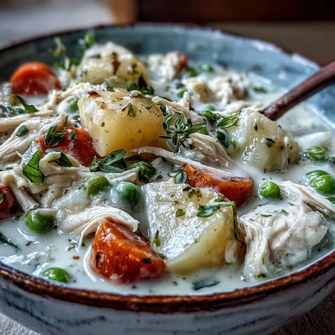 Hearty Creamy Chicken Pot Pie Soup with shredded rotisserie chicken, peas, and carrots, steaming in a white ceramic bowl on a cozy table.