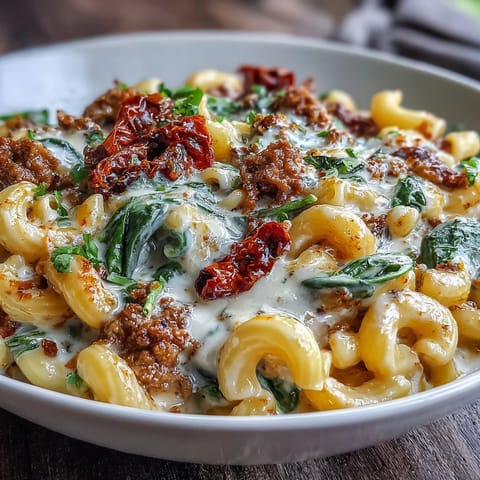 Creamy Tuscan Chili Mac combines ground beef and sun-dried tomatoes for a rich, comforting dinner.