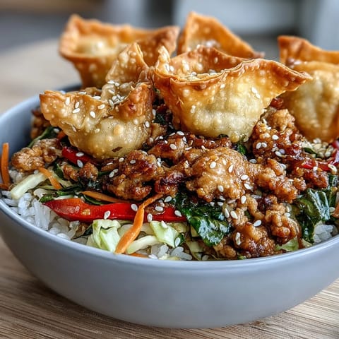 Golden-brown baked wonton strips top a savory bowl of Crispy Baked Egg Roll Chicken, featuring fluffy rice, ground chicken, and vibrant sautéed cabbage.