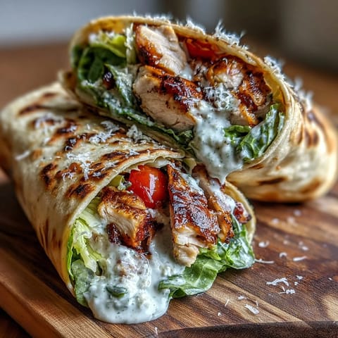 A close-up view of a garlic naan grilled chicken Caesar wrap cut in half, revealing juicy chicken, fresh romaine, and creamy dressing inside the soft flatbread.