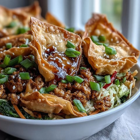 Steam rises from a hearty serving of Crispy Baked Egg Roll Chicken, featuring tender vegetables, aromatic ginger, and crunchy wonton strips.