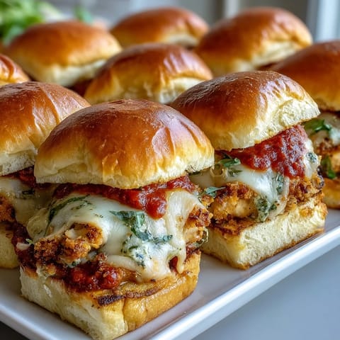Golden, melted mozzarella blankets tender pesto chicken nestled in soft mini brioche buns on a party platter.