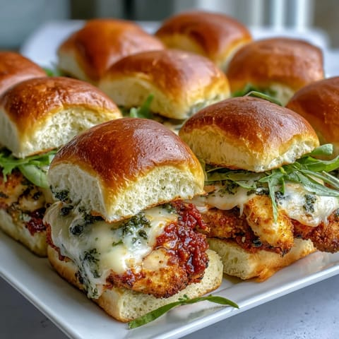 A close-up of Pesto Chicken Parmesan Sliders showing rich marinara and melted cheese on toasted slider buns.