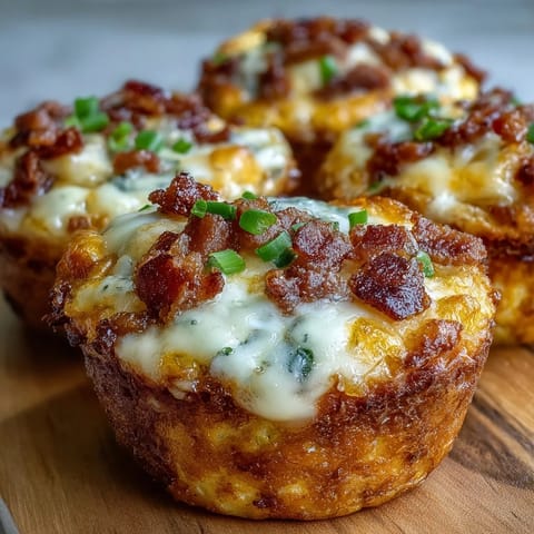 Golden-brown Ranch & Cheddar Egg Muffin Cups sit nestled in a muffin tin, revealing fluffy centers packed with crispy bacon bits and melted sharp cheddar cheese.