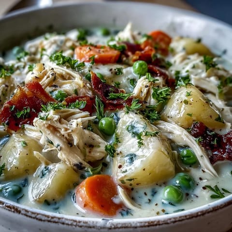 A comforting bowl of creamy chicken pot pie soup featuring tender rotisserie chicken, potatoes, and a thick, herb-infused broth ready to serve.