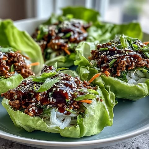 Savory Potsticker Noodle Lettuce Cups with ground turkey, noodles, and vegetables served as handheld wraps.  