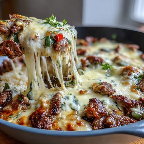 Keto Philly Cheesesteak Casserole with Cauliflower Rice in a baking dish topped with melted provolone and mozzarella cheese.  