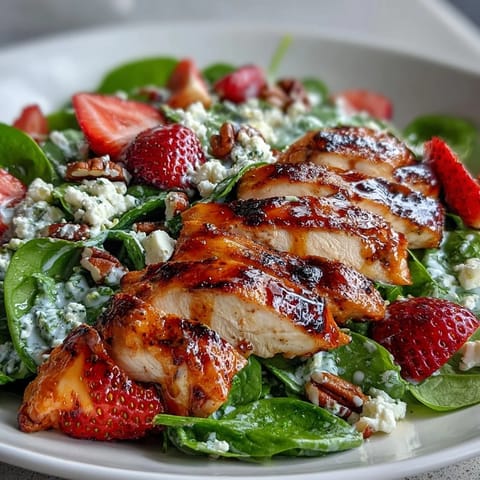 Juicy grilled chicken slices rest on a bed of fresh spinach, sweet strawberries, and red onion, finished with a creamy poppy seed dressing.  