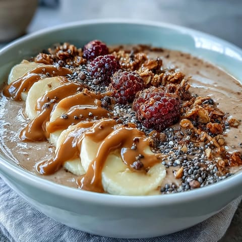 Protein-packed peanut butter banana smoothie bowl blended with plant-based protein, chia seeds, and almond milk, finished with sliced banana and granola.