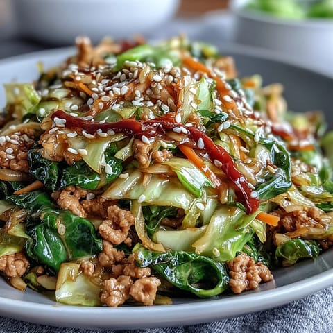 A colorful bowl of cabbage and turkey stir-fry with tender vegetables and lean protein, perfect for a healthy dinner.