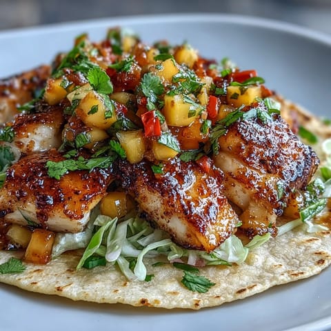Pan-seared tilapia fillets topped with vibrant mango salsa and shredded cabbage in soft corn tortillas.  