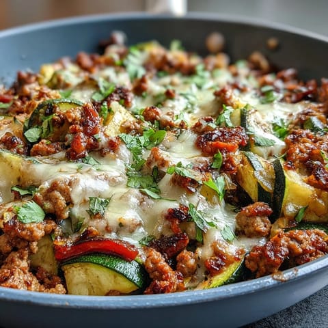 Vibrant one-pot turkey taco zucchini skillet with ground turkey, fresh zucchini, and melted cheddar cheese for a healthy Tex-Mex dinner.
