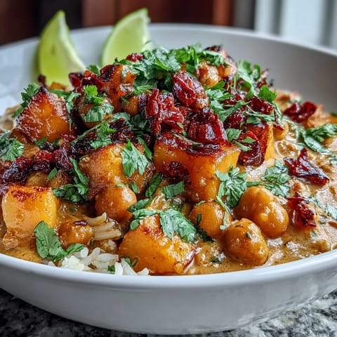 A colorful bowl of vegan mango coconut chickpea curry served over fluffy rice, garnished with fresh cilantro and lime.  