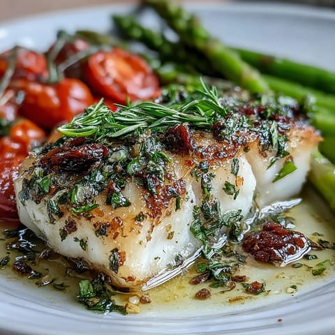 Baked Lemon Herb Cod with Sheet Pan Asparagus and Cherry Tomatoes on a rustic baking tray, golden cod fillets topped with lemon slices and herbs beside vibrant roasted vegetables.