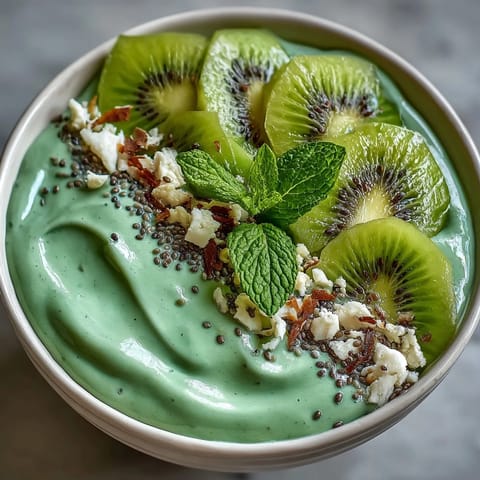 Refreshing smoothie bowl packed with spinach, frozen mango, and pineapple, finished with a luscious mango-chia seed layer and crunchy granola.