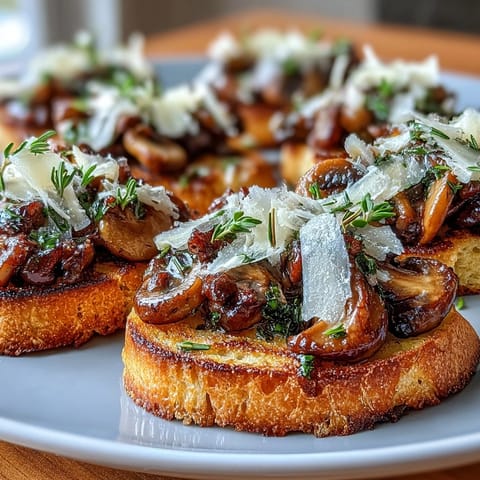 Crispy baguette slices rubbed with garlic and piled high with savory wild mushrooms, fresh thyme, and Parmesan shavings.  