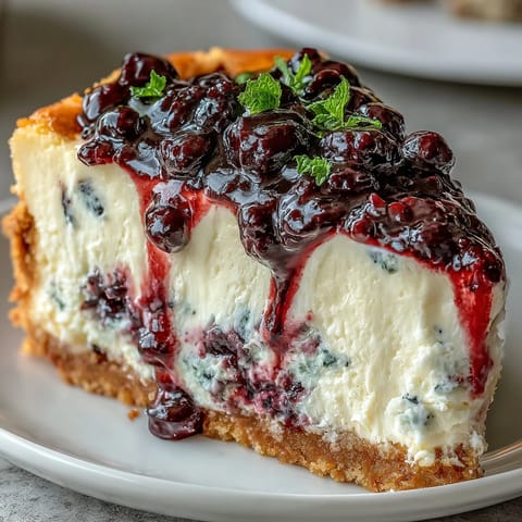 Velvety black currant cheesecake with a buttery graham cracker crust and vibrant berry swirls, perfect for elegant dessert tables.