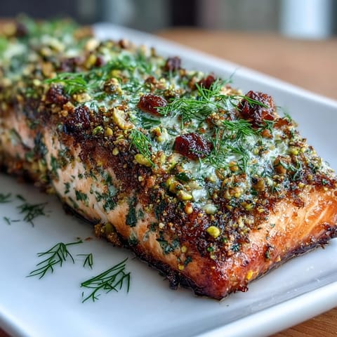 Crispy pistachio-crusted salmon with golden herb topping served on a white plate, perfect for a healthy dinner.