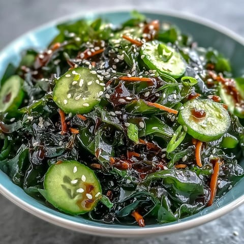 Fresh seaweed salad with ponzu dressing, sesame seeds, and crisp vegetables for a light, tangy appetizer.  