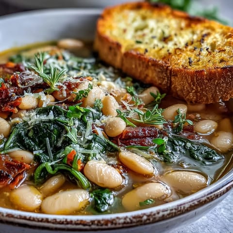 A rustic bowl of Tuscan white bean soup featuring cannellini beans, aromatic herbs, and crisp garlic bread on the side.  